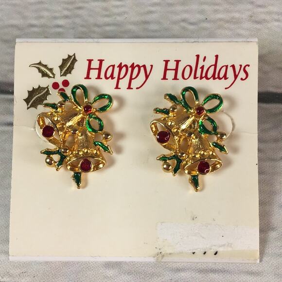 Vintage Christmas Bell Pierced Earrings Gold Tone w/‎ Green & Red - Picture 8 of 13